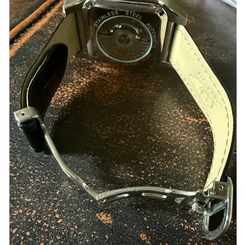 PINDU P6515 Men's Square‎ Automatic Watch Leather Deployment Clasp Dress 22mm